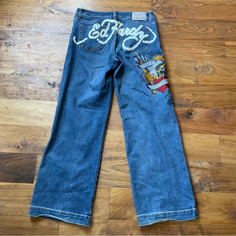 Ed Hardy Brave Eagle Wide Leg Jeans with Embroidery Detail size 30